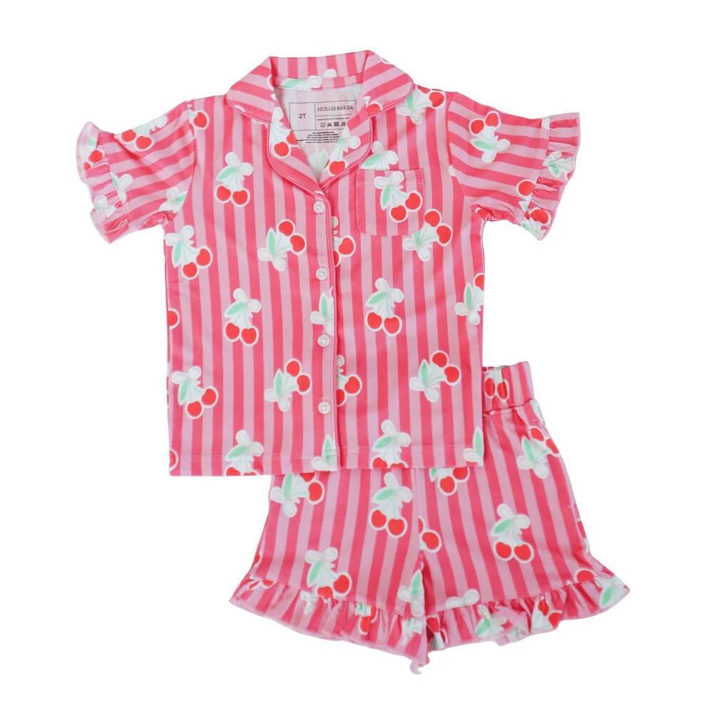 NEW SMALL SHOP girls cherries bamboo ruffle set in pink